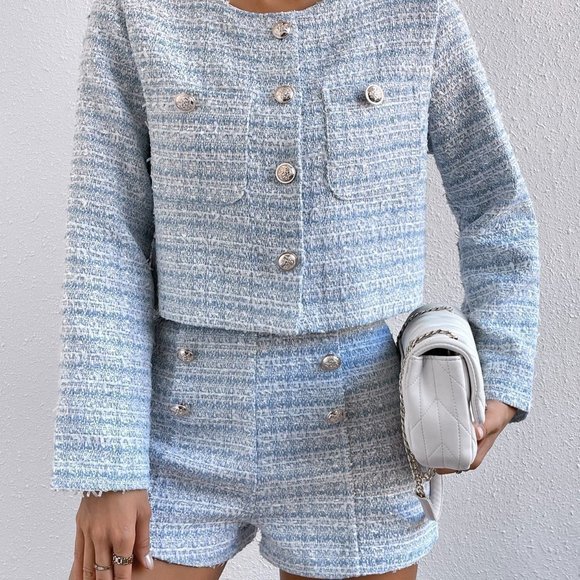 Baby Blue Casual Womens Plaid Print Button Front Jacket & Shorts - Picture 5 of 5